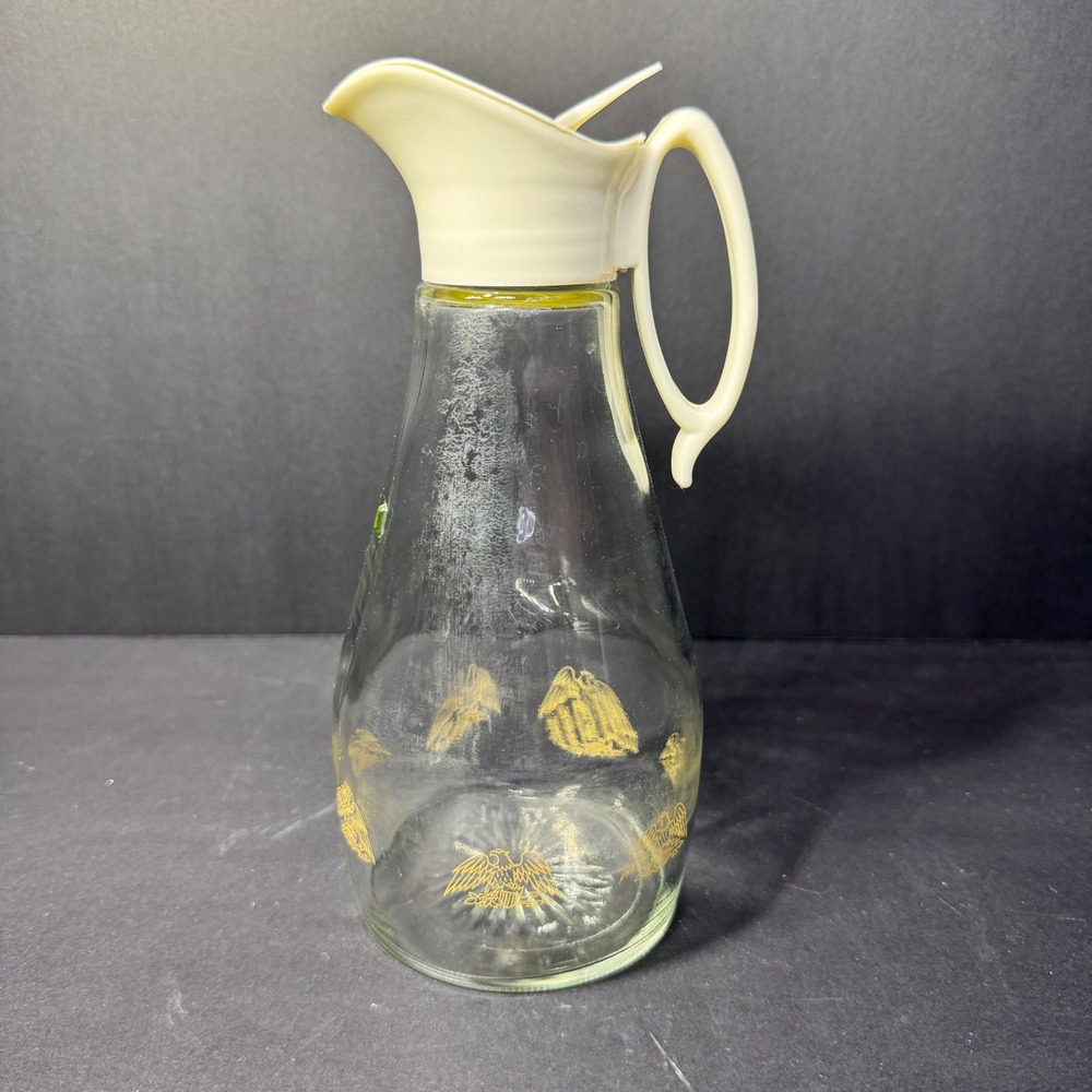 Vintage Log Cabin Glass Syrup Pitcher‎ Gold Eagle Pattern Flip Top Lid 8.5 inch